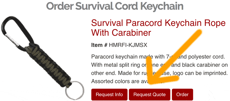 Image of the "Request info", "Request Quote", and "Order" buttons on the Survival Cord Keychain page.