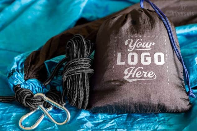 Product image of black and light blue custom hammocks with logo on pouch