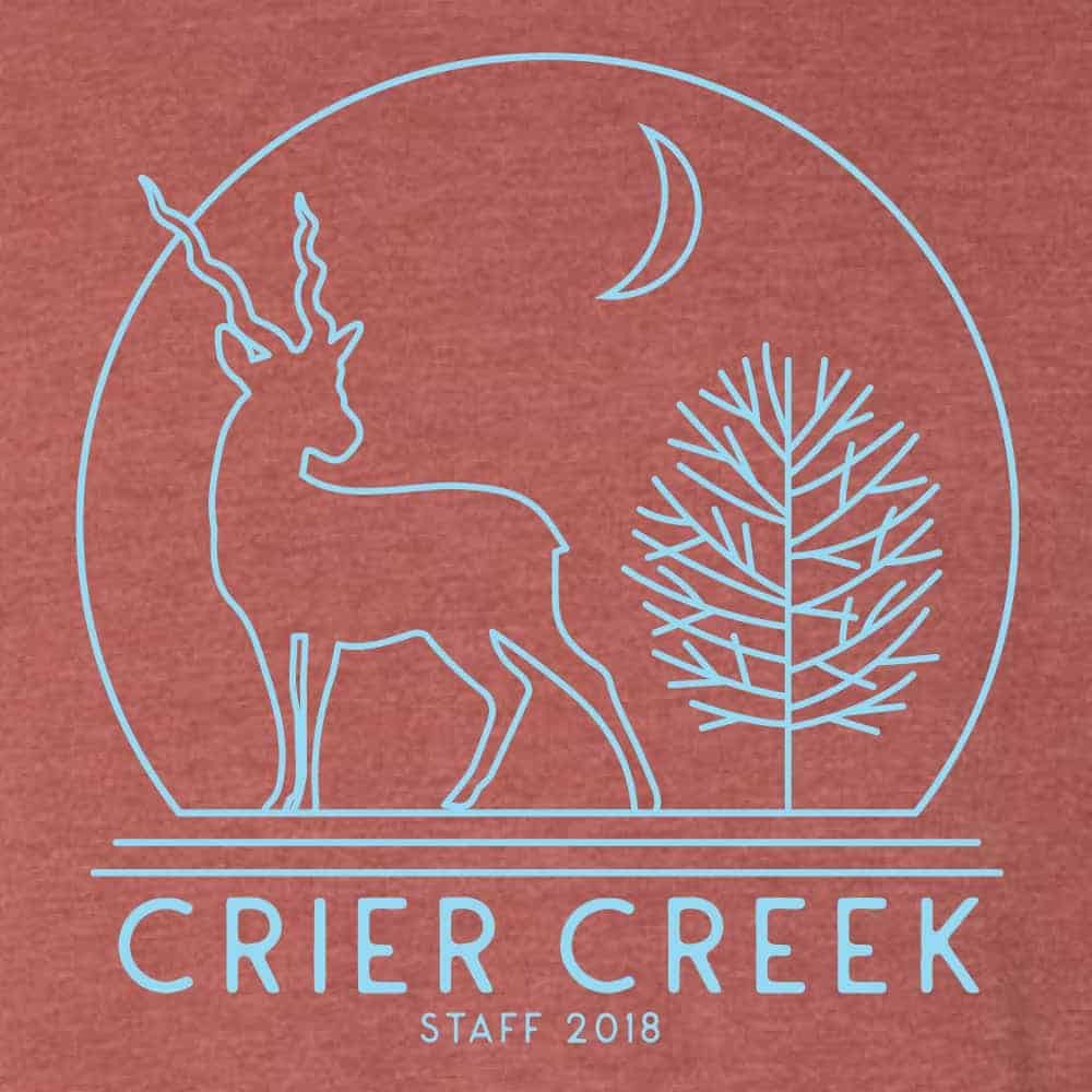 Pine Cove Crier Creek art for staff tees on heather clay design