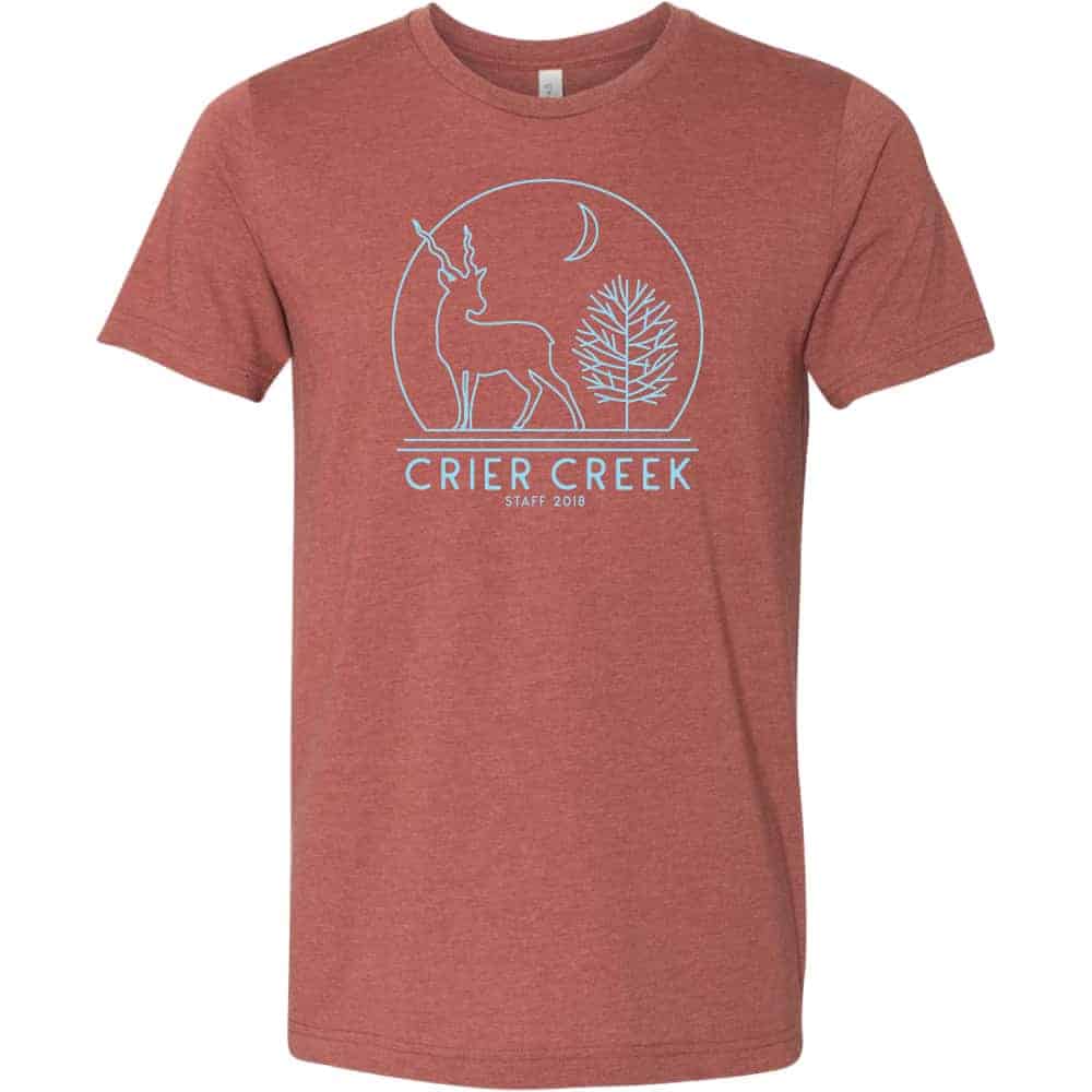Pine Cove Crier Creek art for staff tees on heather clay