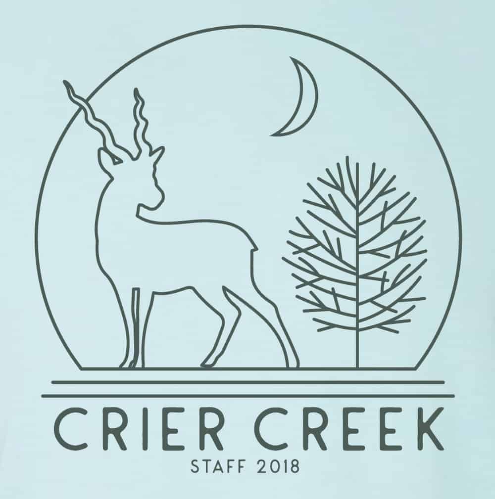 Pine Cove Crier Creek art for staff tees on heather ice design